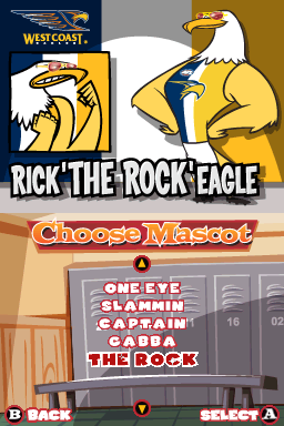 AFL Mascot Manor (Nintendo DS) screenshot: Character select. West Coast Eagles represent!