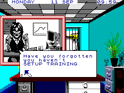 European Superleague (ZX Spectrum) screenshot: Secretary with a message