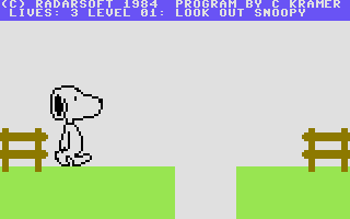Snoopy (Commodore 64) screenshot: You must traverse each screen from left to right while avoiding obstacles.