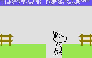 Snoopy (Commodore 64) screenshot: Jumps require pixel perfect precision or you'll end up losing a life.