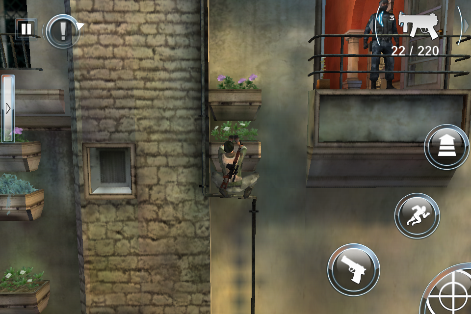Silent Ops (iPhone) screenshot: Climbing towards an unexpecting guard