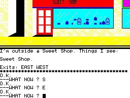 Super Gran: The Adventure (ZX Spectrum) screenshot: Outside a sweet shop
