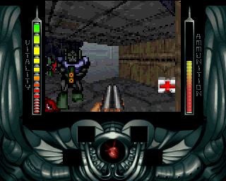 Alien Breed 3D (Amiga) screenshot: Level 2: Storage Bay - The first aid kit will partially replenish my vitality