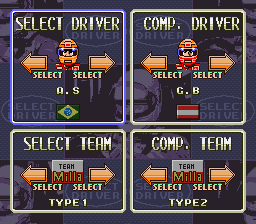 Battle Grand Prix (SNES) screenshot: Driver Selection (Expert "F1" mode). Ayrton Senna, of course.