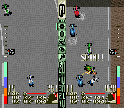 Battle Grand Prix (SNES) screenshot: Spin!! The other vehicles are in big trouble.