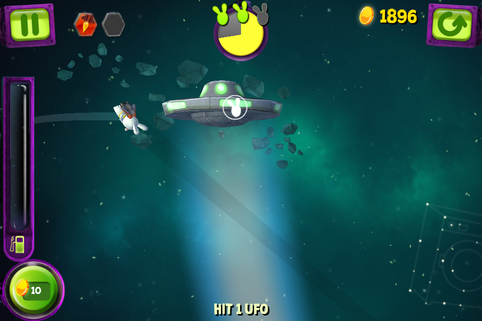 Rabbids Big Bang (iPhone) screenshot: Hitting an UFO