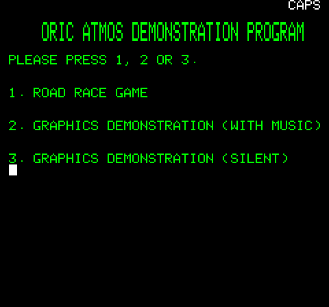 Welcome To Oric Atmos (Oric) screenshot: Main Menu, choose between Road Race Game or Technical demonstration.