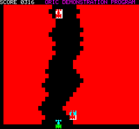 Welcome To Oric Atmos (Oric) screenshot: When ground colors changes, speed increase.... notice the opponent car stuck in the border.