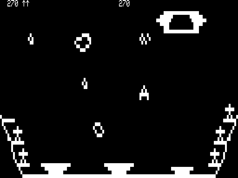 Meteor Mission 2 (TRS-80) screenshot: Blasting through some space rocks