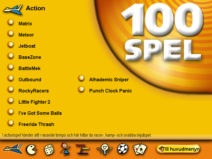 100 Spel (Windows) screenshot: Action games menu (Swedish)