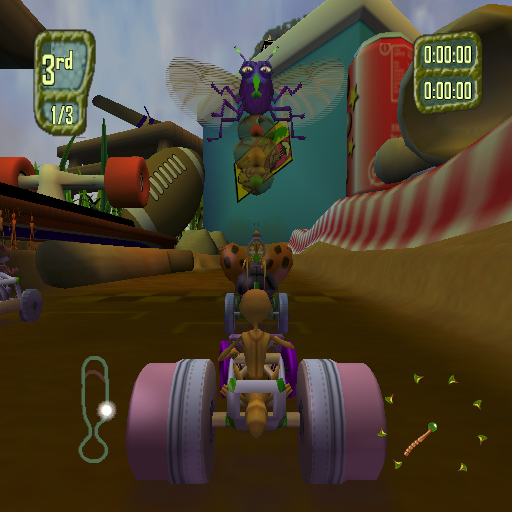 Antz Extreme Racing (PlayStation 2) screenshot: There's a short animation showing the chosen character walking to the race venue after which there's a flyby of the other characters, then we're on the grid