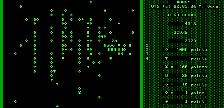 Bugs! (DOS) screenshot: The flea (middle, near bottom) does what it does best.