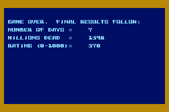 Epidemic! (Atari 8-bit) screenshot: Failed! Thank you, come again.