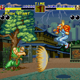 Fatal Fury (Sharp X68000) screenshot: Tung Fu Rue can become a giant muscular version of himself and fire a projectile