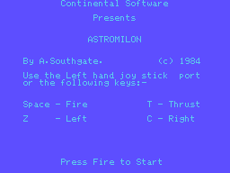 Astromilon (Memotech MTX) screenshot: Title + controls