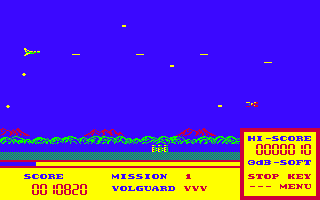 Volguard (PC-6001) screenshot: The little red ship at the bottom fire and turn around. They are very hard to hit.