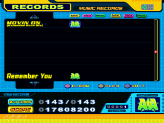 Dance Dance Revolution: 5th Mix (PlayStation) screenshot: Record mode: You can see the results of your played songs.