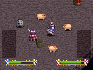 Honoo no Ryōrinin: Cooking Fighter Hao (PlayStation) screenshot: Finally some gameplay... Surrounded by cute pigs. They will have to die anyway. :(