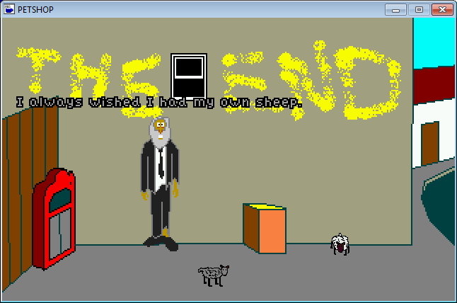 The Pet Shop Incident (Windows) screenshot: Sheep may become the pet of alley bum