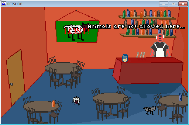 The Pet Shop Incident (Windows) screenshot: Animals are not allowed in Scid's Bar