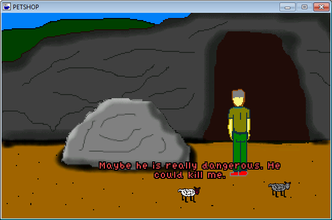 The Pet Shop Incident (Windows) screenshot: Farmer is waiting for something near the cave