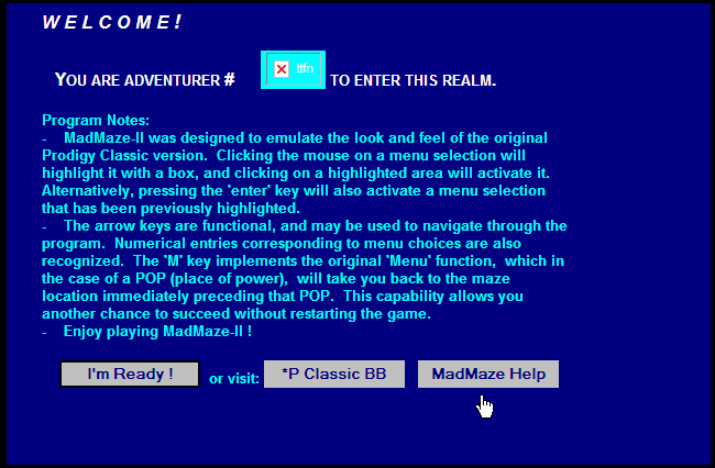 MadMaze-II (Browser) screenshot: Start screen