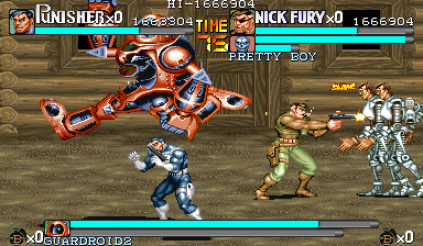 The Punisher (Arcade) screenshot: A more powerful Guardroid is the boss of stage 5