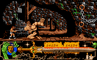 Deathbringer (Amiga) screenshot: Fighting the boss at the end of the dungeon.