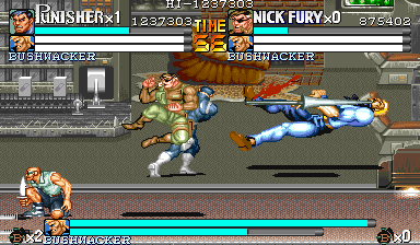 The Punisher (Arcade) screenshot: Hitting Bushwacker with a spear