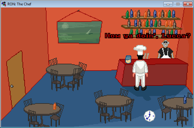 The Chef (Windows) screenshot: Talking to the bartender George in Scid's bar