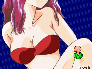 Gals Panic 4 (Arcade) screenshot: Even before you insert a credit, you can play one of three minigames. This is perhaps the most..."hypnotic" of the three: "Jiggle the Girl's Breasts."
