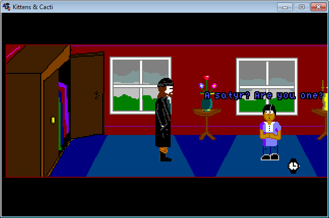 Kittens & Cacti (Windows) screenshot: Talking to the boy in the mansion of Victorian era
