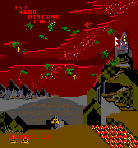 Satan's Hollow (Arcade) screenshot: After Satan has been killed we move on to the next level with more enemies and a larger lava river