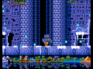 Fire & Ice (Amiga) screenshot: After the battle fire changes to ice and the wall color changes too...