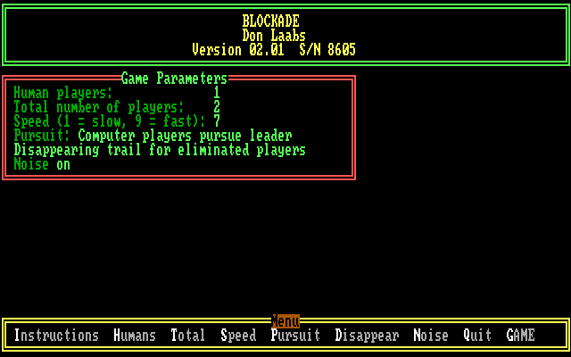 Blockade (DOS) screenshot: Game options