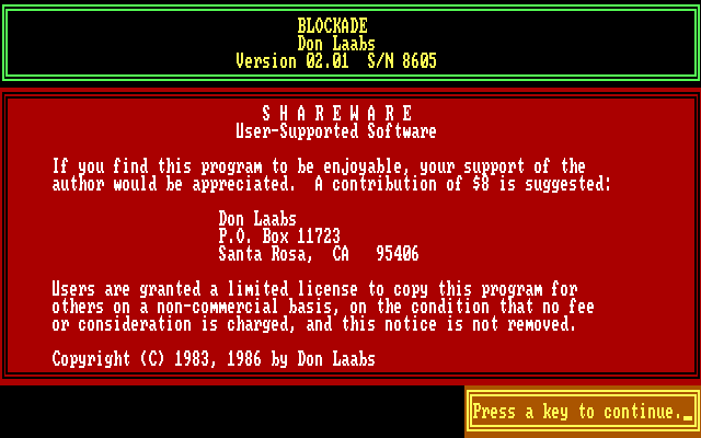 Blockade (DOS) screenshot: Title screen