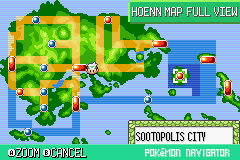 Pokémon Emerald Version (Game Boy Advance) screenshot: Pokemon Navigator showing the Hoenn map