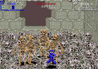 The Ninja Kids (Arcade) screenshot: Four skeletons gang up on Hanzo