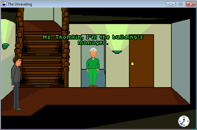 The Tapestry - Chapter 1: The Unraveling (Windows) screenshot: Talking to Ms. Thomkin, the building's manager
