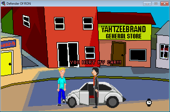 Defender of RON (Windows) screenshot: David Hasselhoff has collided in his KITT car with Phil Nihilist