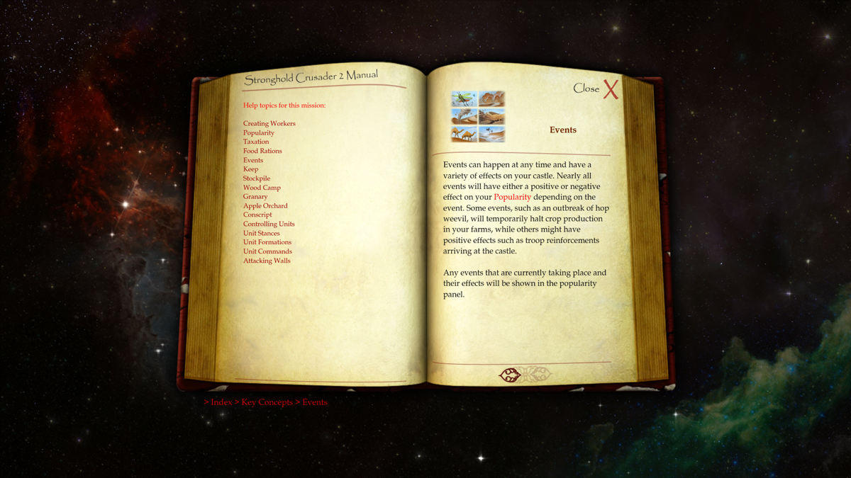 Stronghold Crusader II (Windows) screenshot: A helpful manual before a mission