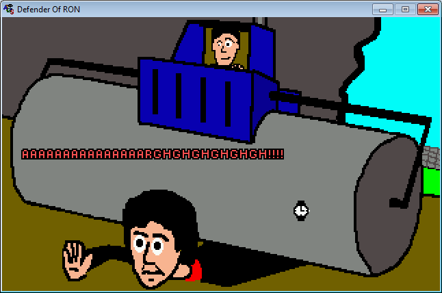 Defender of RON (Windows) screenshot: David Hasselhoff is hidden under Dave Nihilist's machine