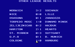 World Soccer (Atari 8-bit) screenshot: League results