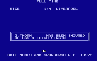 World Soccer (Atari 8-bit) screenshot: Match summary - injury