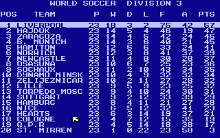 World Soccer (Atari 8-bit) screenshot: League table