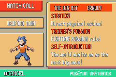 Pokémon Emerald Version (Game Boy Advance) screenshot: We can add encountered people to call them on the phone. We can also see their profiles.