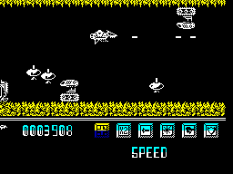 Transmuter (ZX Spectrum) screenshot: Robots on the ceiling
