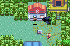 Pokémon Emerald Version (Game Boy Advance) screenshot: Summoning a flying Pokemon to travel instantly from town to town.