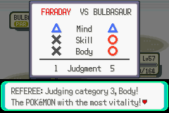 Pokémon Emerald Version (Game Boy Advance) screenshot: Battle Arena: If a battle is not finished in three turns, the Pokemon are rated by the referee in three categories to pick the winner