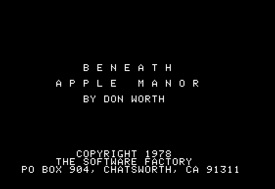 Beneath Apple Manor (Apple II) screenshot: The title screen from the original 1978 version.
